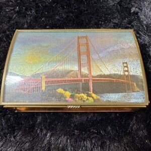 Vintage Via Vermont Gold-Toned Musical Jewelry Box  Golden Gate Bridge